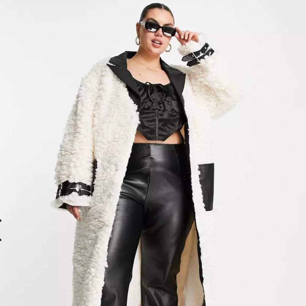 Missguided Plus faux leather trim oversized teddy coat in cream